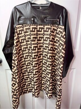 Black & Cream Geometric Panel Tunic with Faux Leather Accents